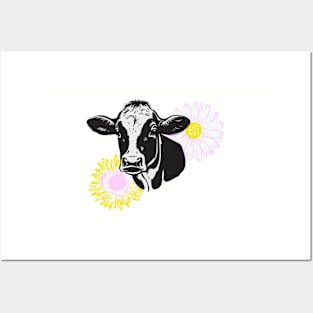 Cute Cow with Daisy Flowers Design Posters and Art